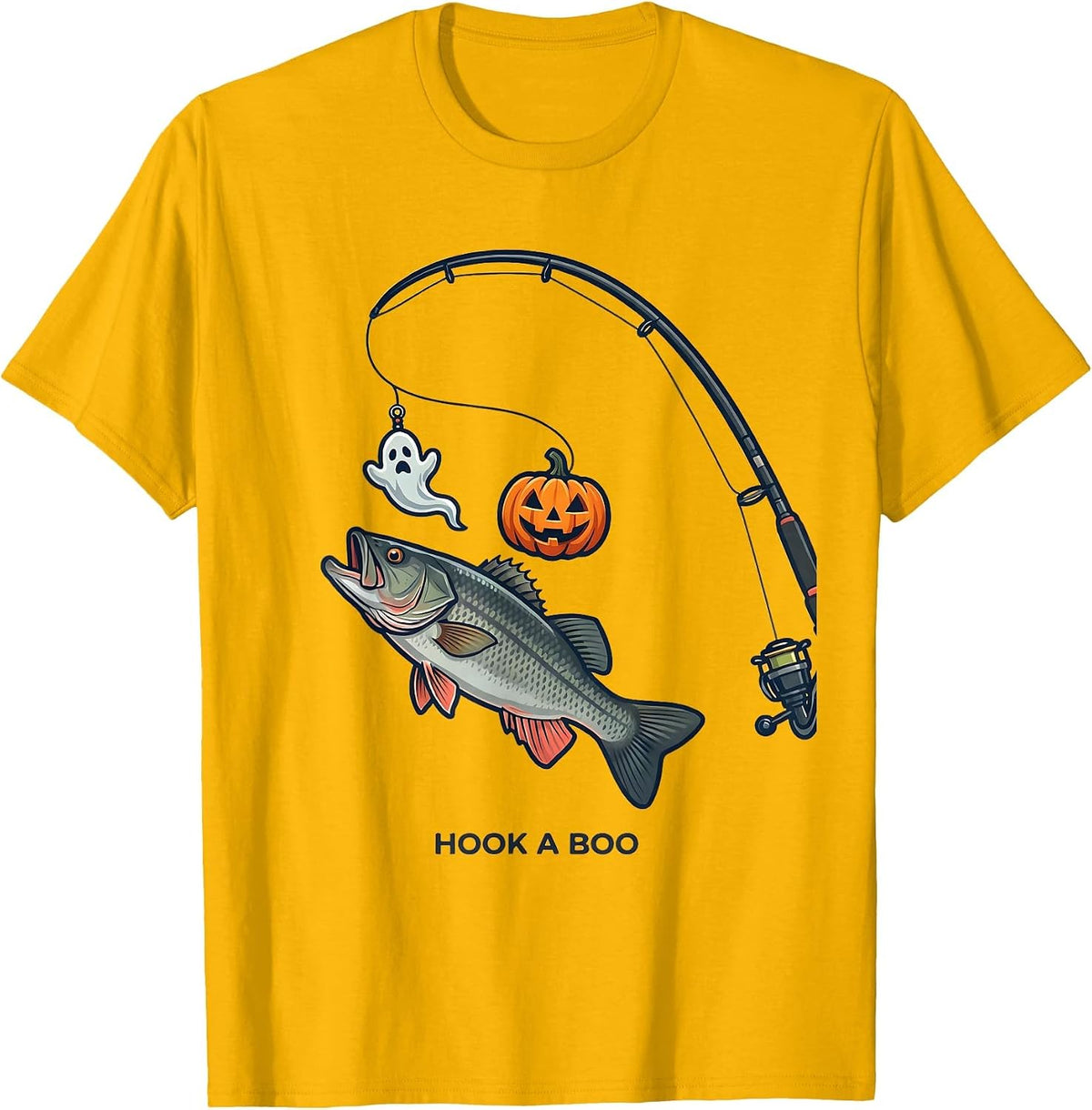 Men's Hook a Boo Flat Vector Halloween Fishing Ghost Lure T-Shirt - Golden Yellow