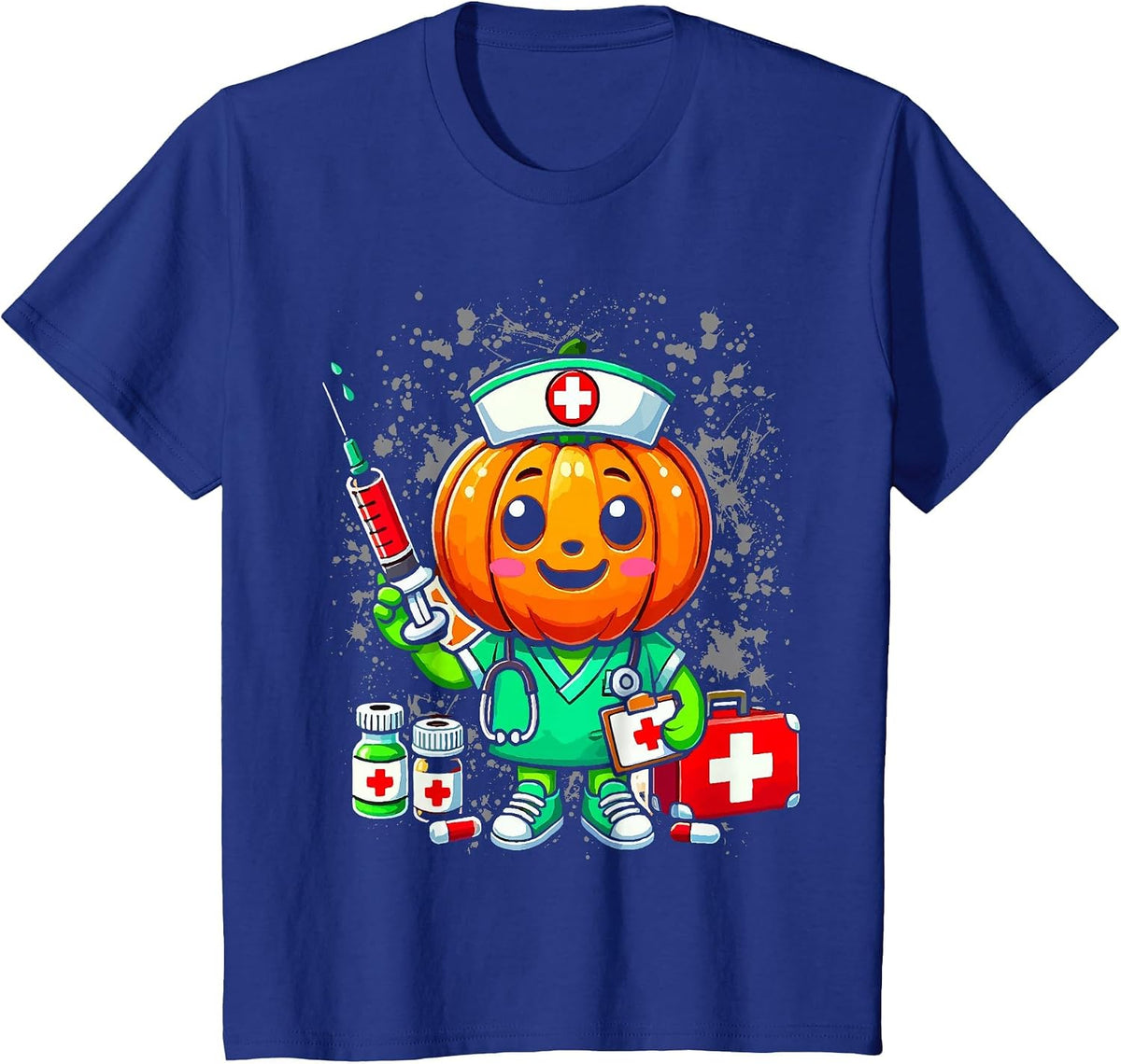 Halloween Nurse Pumpkin Nursing Scrub Top Costume Women Men T-Shirt - Royal Blue