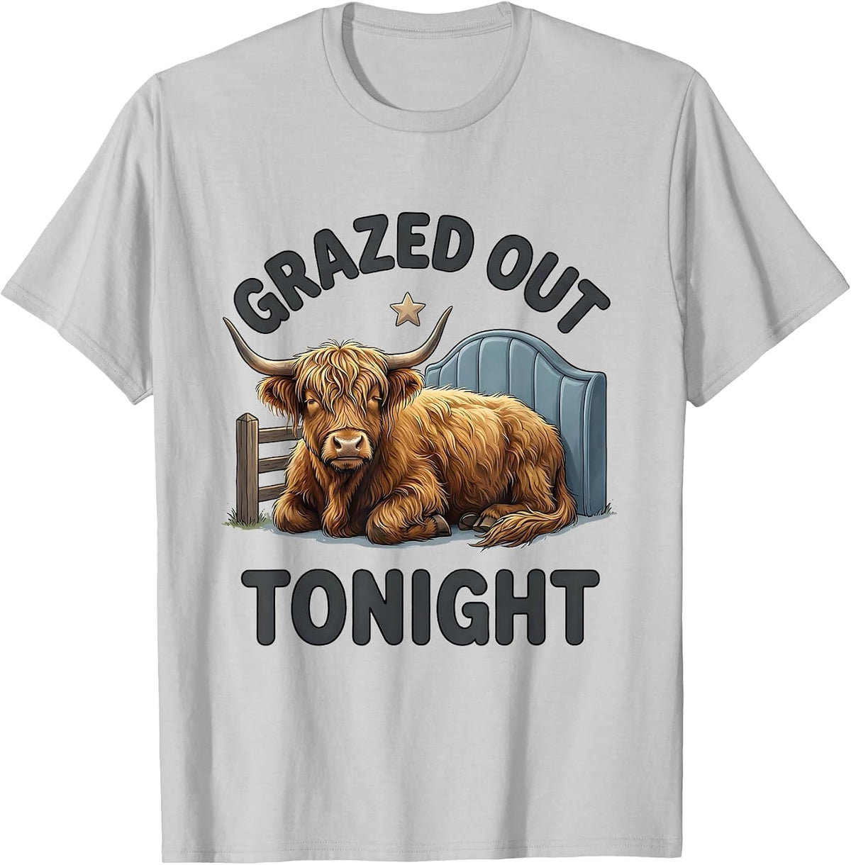 Men's Grazed Out Tonight Soft Cartoon Highland Cow Sleepwear Humor T-Shirt - Silver Grey