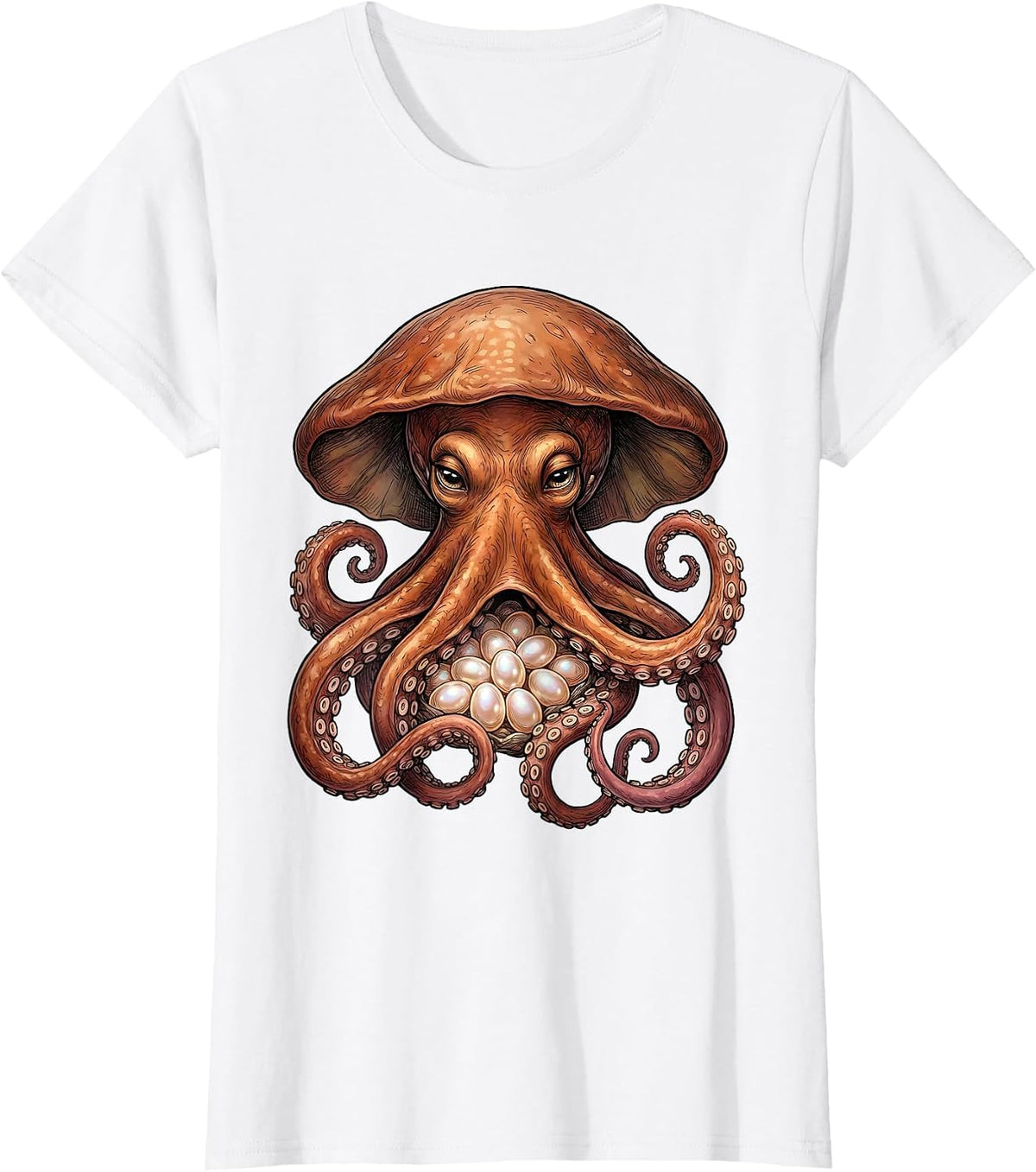 Women's Mother Octopus Sheltering Eggs Illustration T-Shirt - White