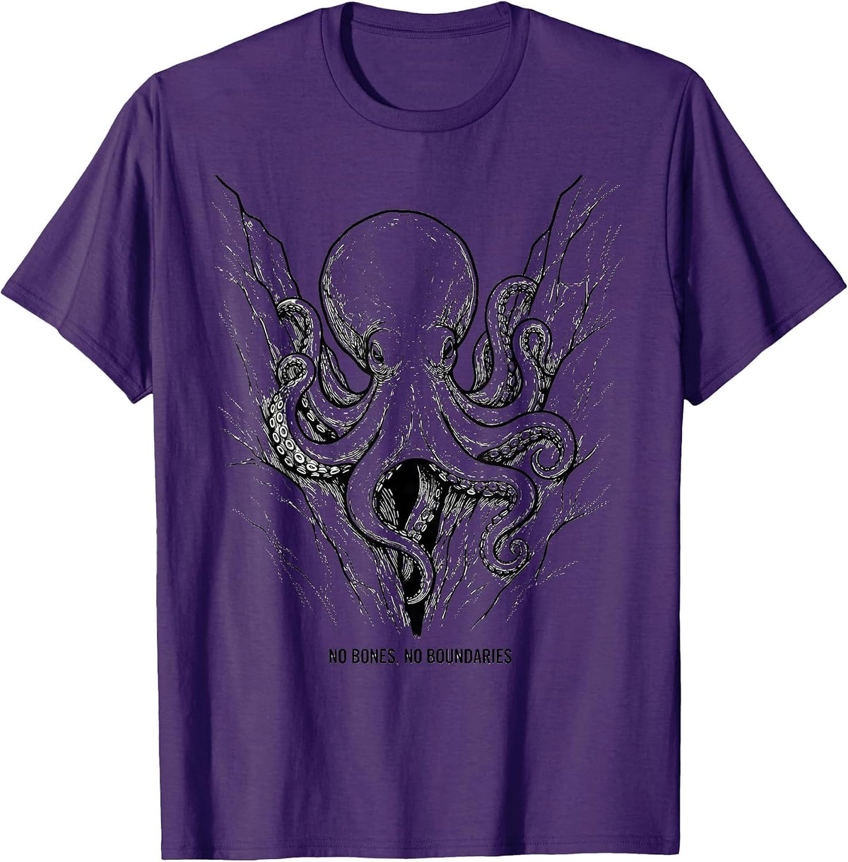 No Bones, No Boundaries Line Art Octopus Ocean Animal Lover T-Shirt - Purple