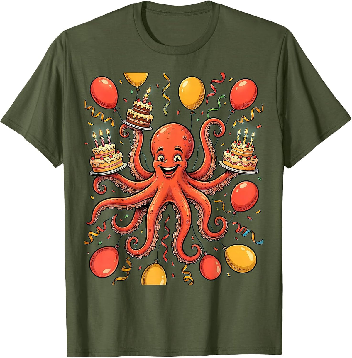 Men's Octopus Birthday Party Balloon Celebration Graphic T-Shirt - Olive Green