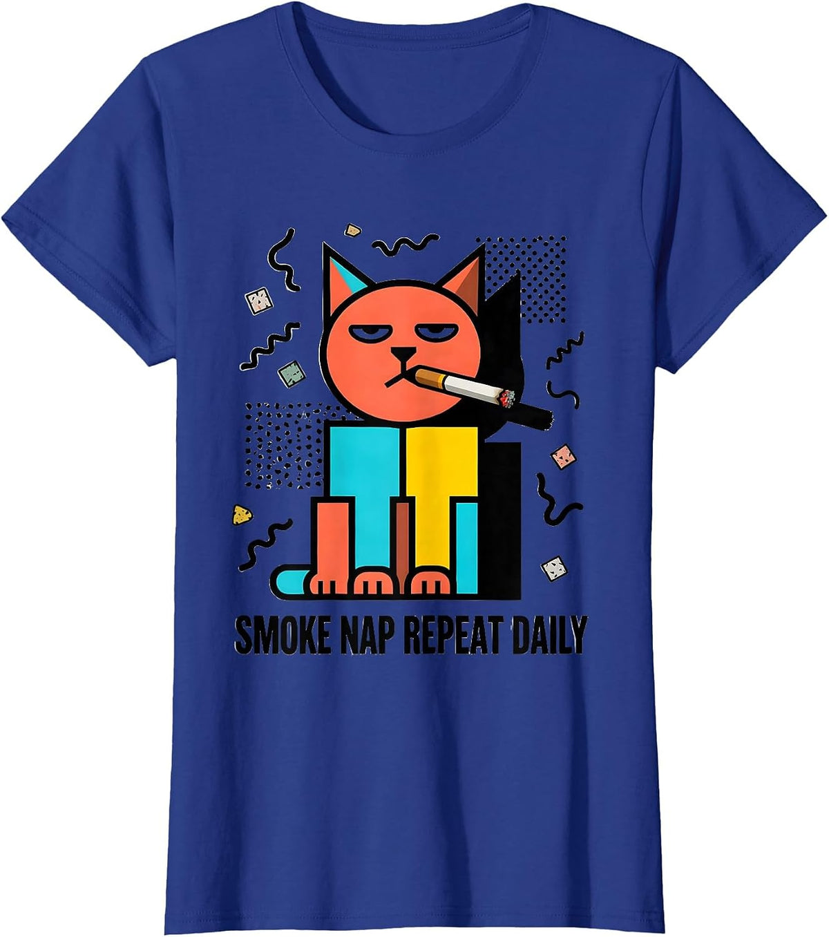Women's Cat Smoking Cigarette Smoke Nap Repeat Daily T-Shirt - Royal Blue