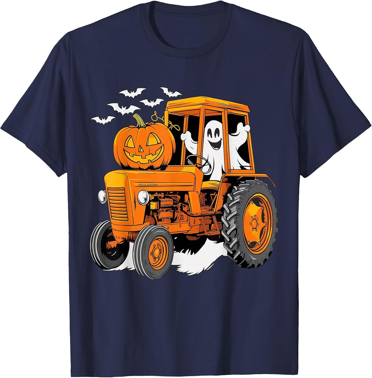 Farmer Tractor Ghost and Pumpkin Halloween Costume T-Shirt - Navy Blue