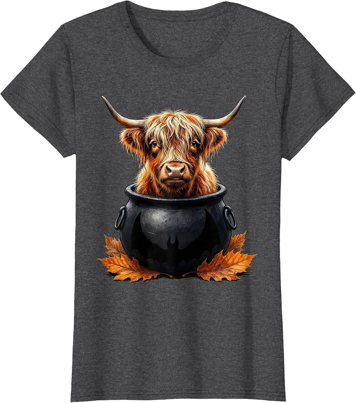Women's Shaggy Highland Cow Witch Cauldron Halloween Costume Humor T-Shirt - Dark Heather Grey
