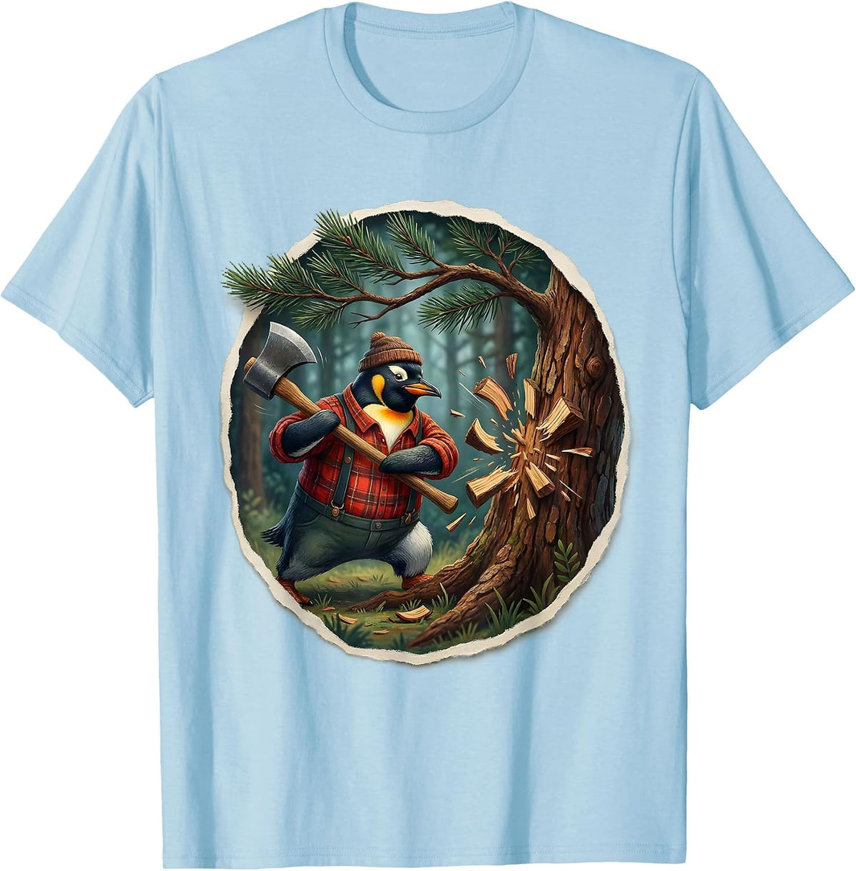 Men's Penguin Lumberjack Swinging Axe at Giant Tree T-Shirt - Baby Blue