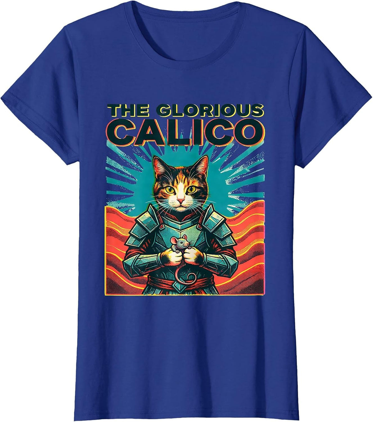 Women's The Glorious Calico Risograph Anime Cat Warrior Art Funny T-Shirt - Royal Blue