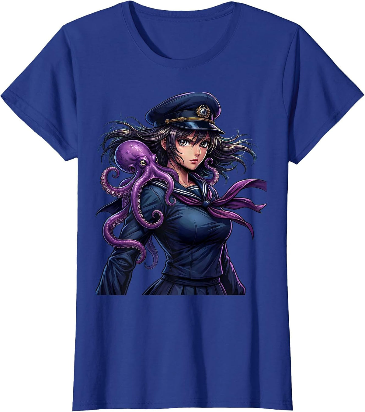 Women's Sailor Woman With Octopus Companion Illustration T-Shirt - Royal Blue