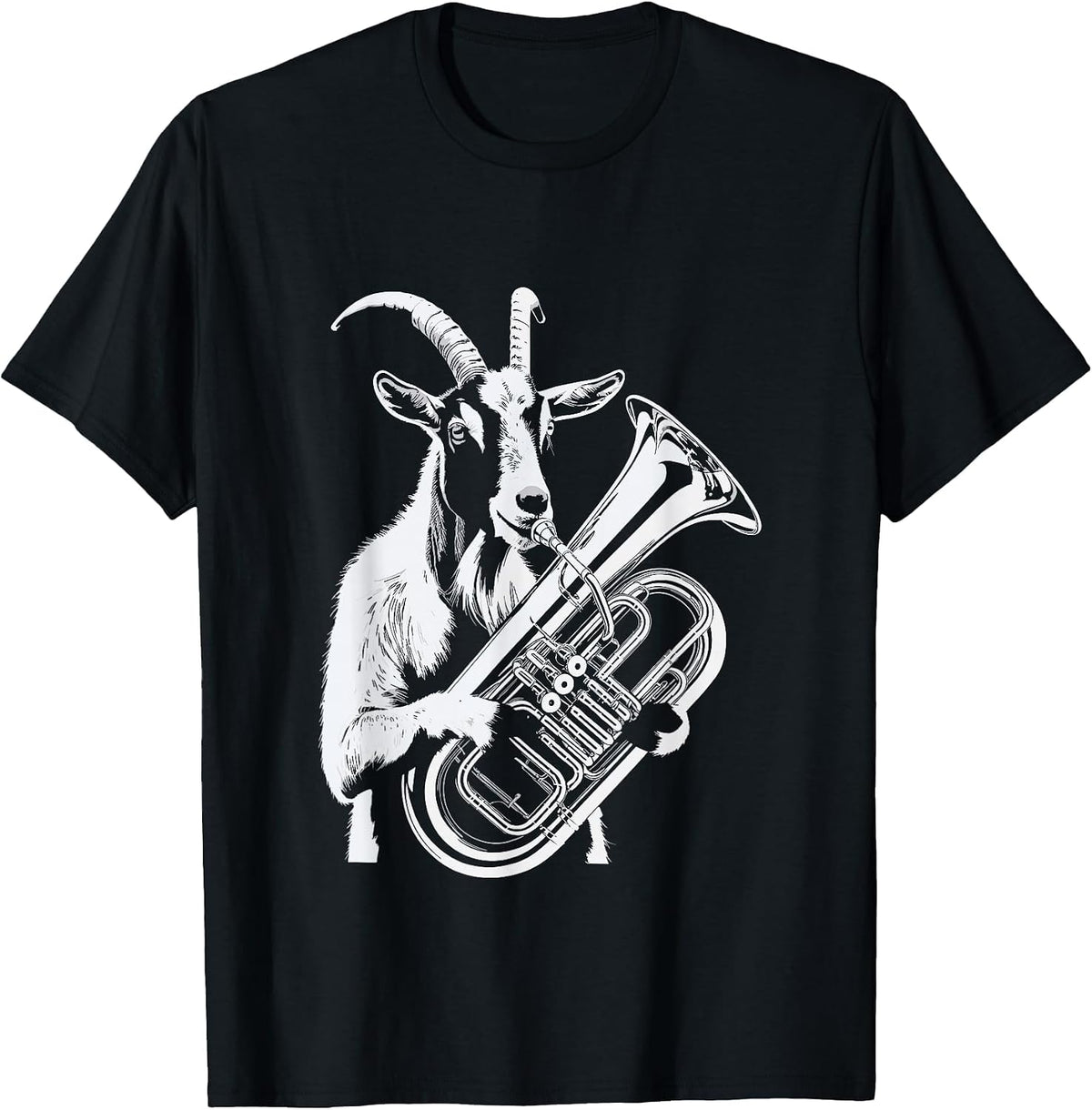 Goat Playing Tuba Music Animal Fun T-Shirt - Black