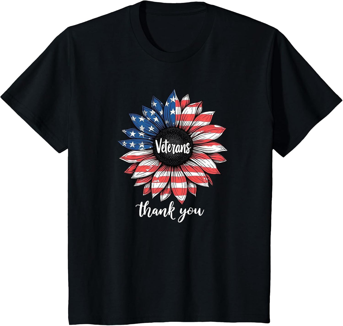 Thank You Veterans Sunflower US America Flag Patriotic Women T-Shirt - Black