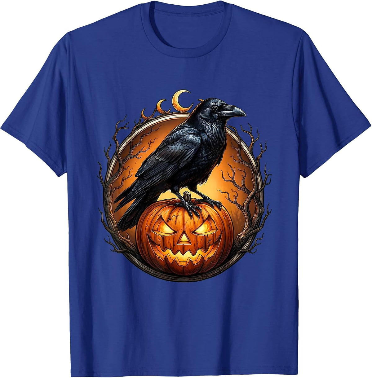 Crow on Jack-O-Lantern Halloween Night Design T-Shirt - Royal Blue