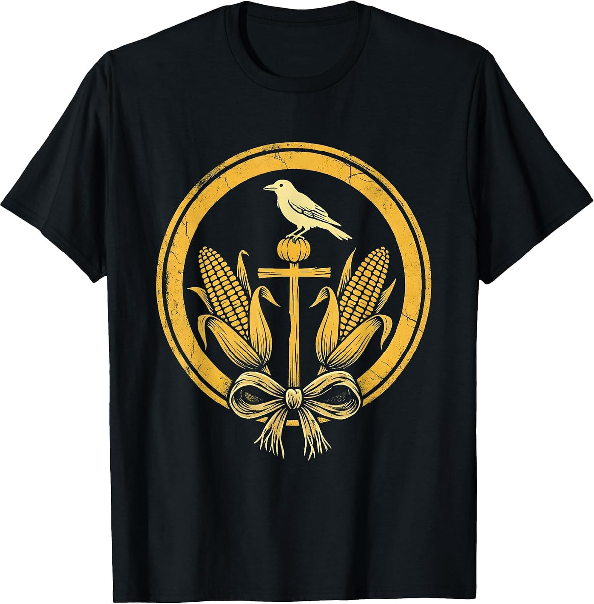 Men's Crow on Scarecrow Fall Cornfield Illustration T-Shirt - Black