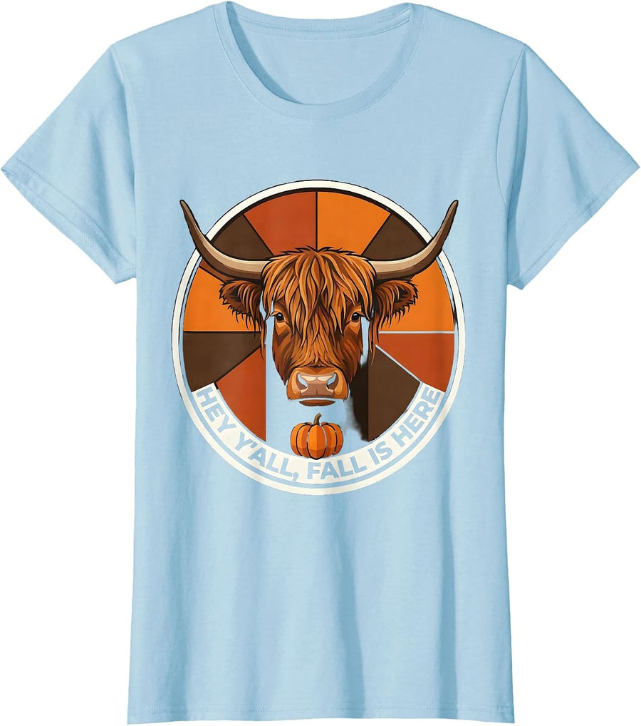 Women's Hey Y'all, Fall Is Here Cozy Autumn Highland Cow Quilt T-Shirt - Baby Blue