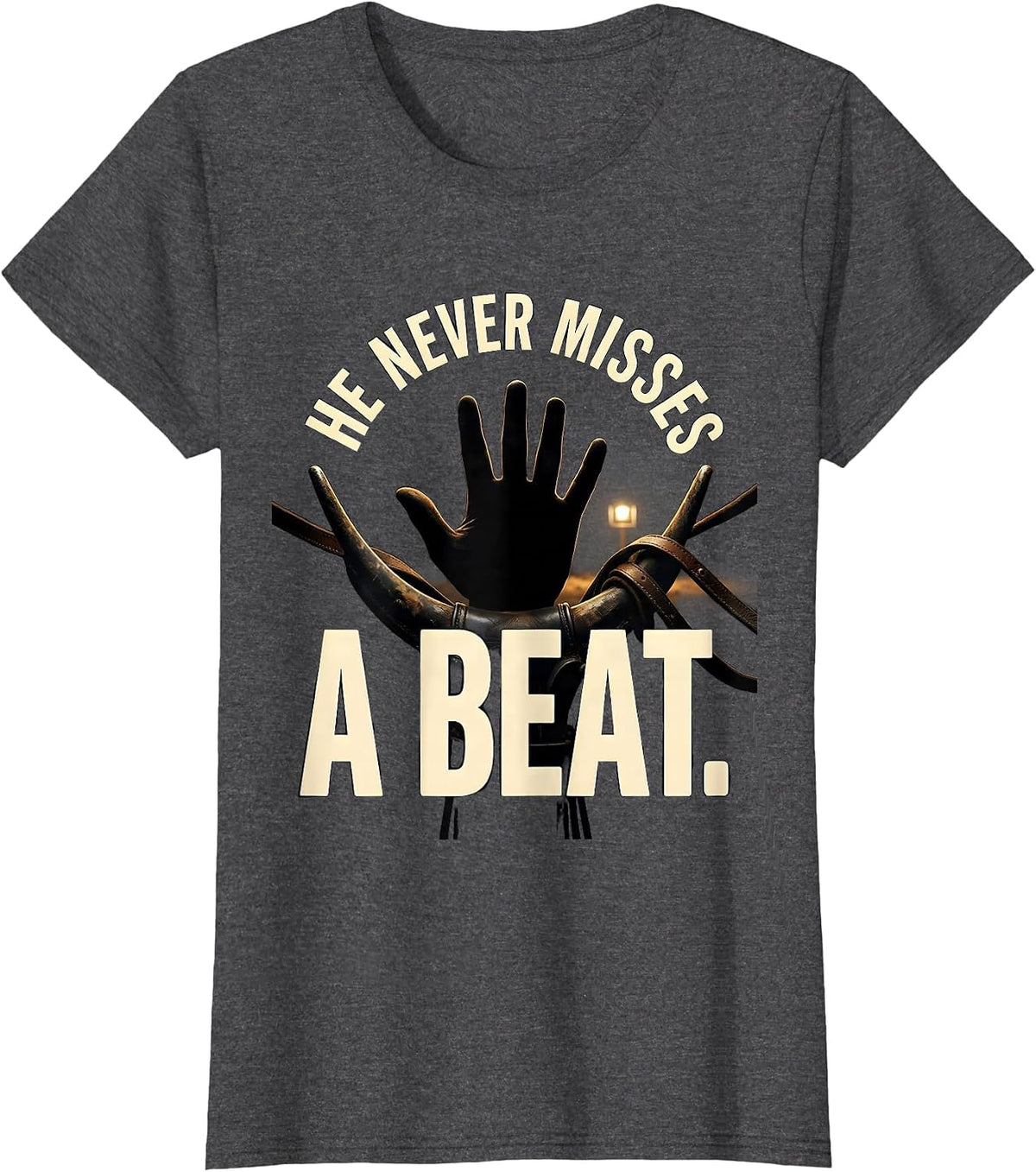 Women's He Never Misses A Beat Christian Horseback Rider Faith Humor T-Shirt - Dark Heather Grey