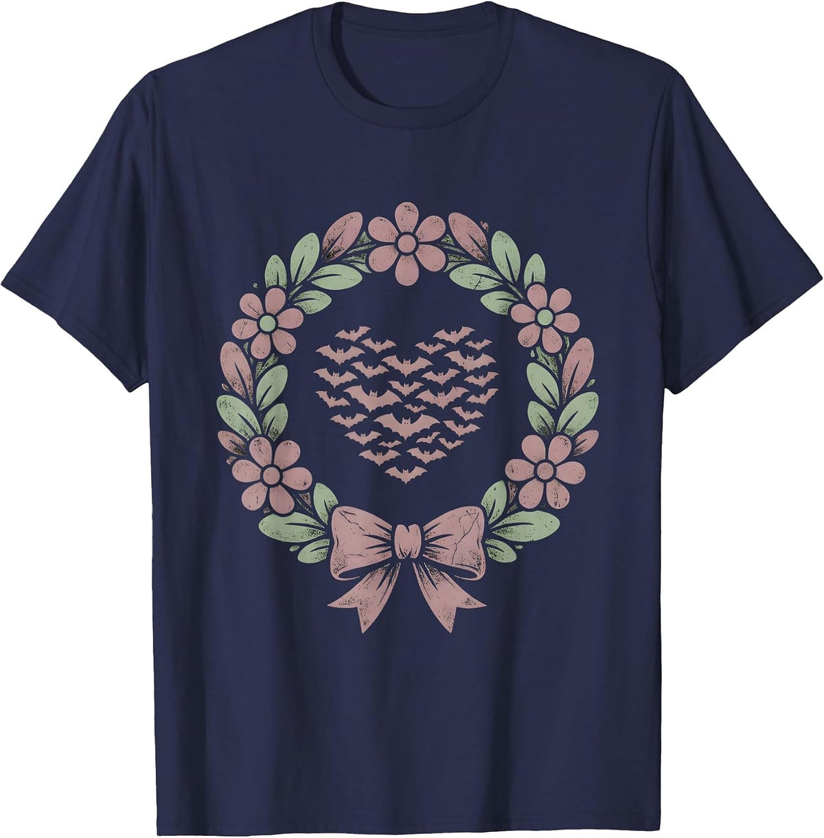 Gothic Bat Swarm Heart Dark Romance Design T-Shirt - Navy Blue