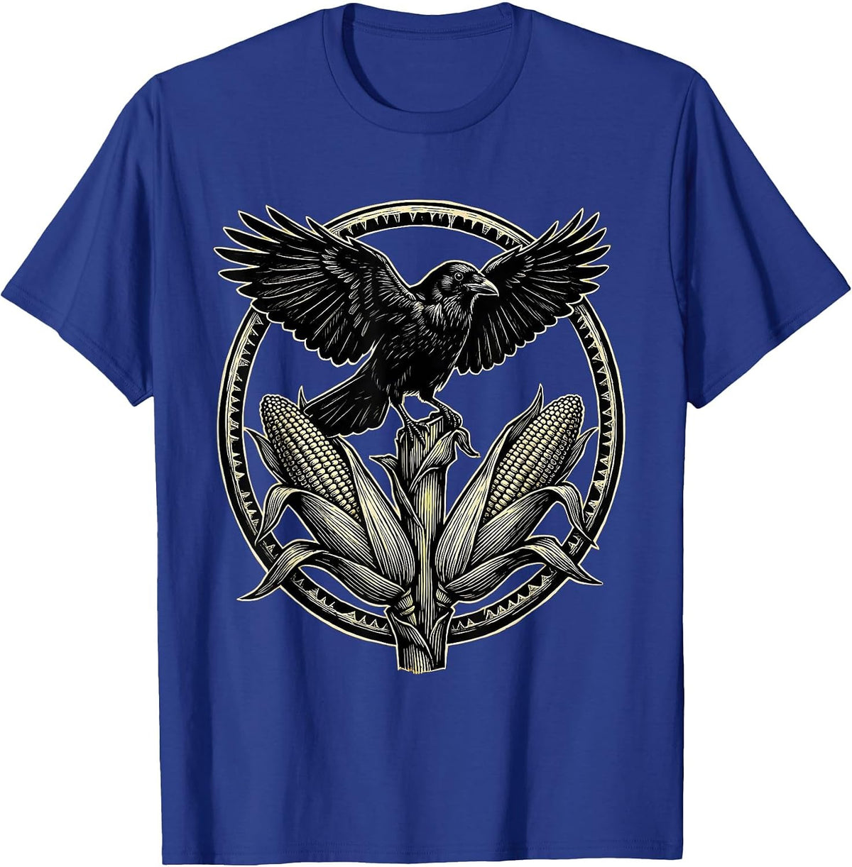Crow Perched on Corn Stalk Harvest Illustration T-Shirt - Royal Blue