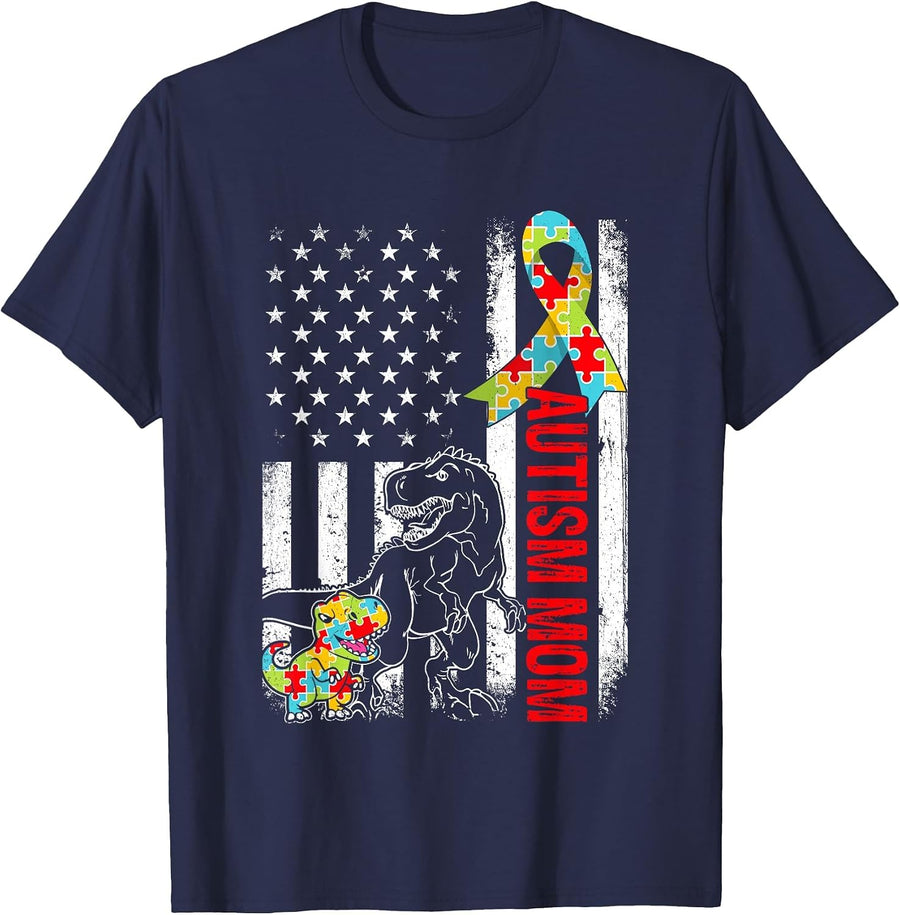 American Flag Autism Mom Dinosaur Awareness Autistic T-Shirt - Navy Blue