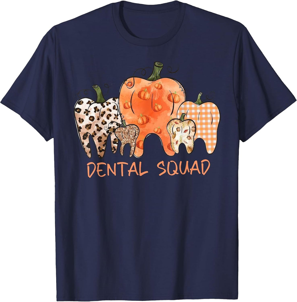 Dental Squad Happy Fall Leopard Pumpkin Teeth Dental Life T-Shirt - Navy Blue