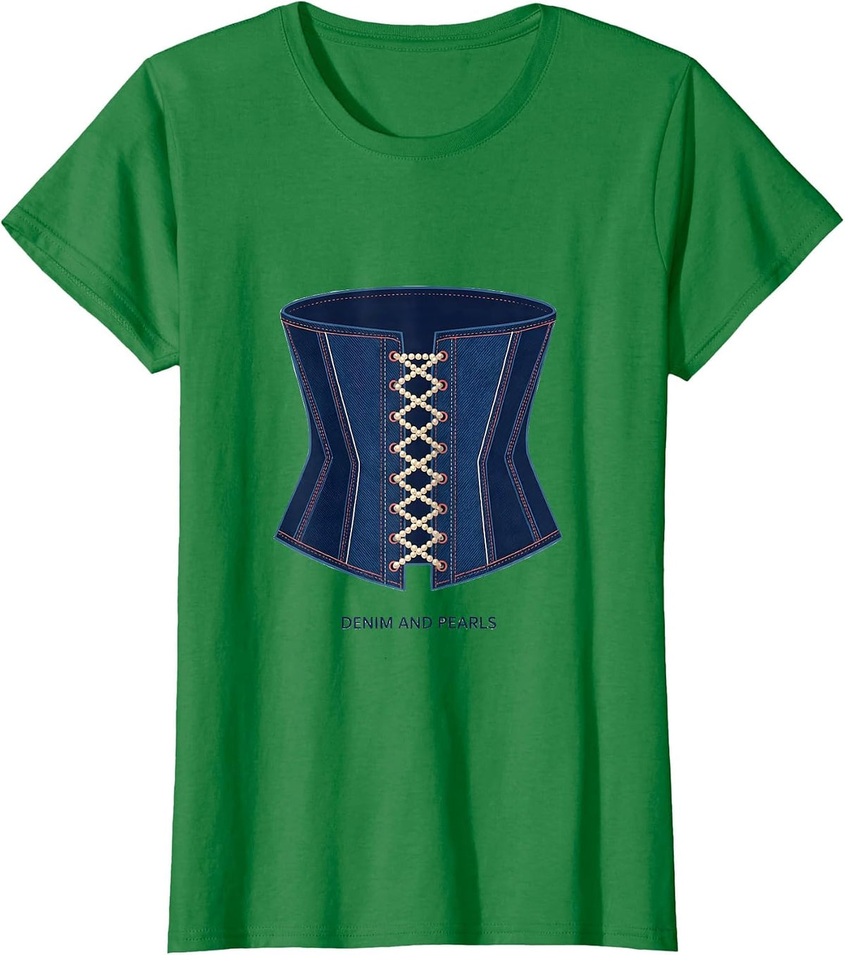 Women's Denim And Pearls Glam Vintage Ladylike Fashion Gift T-Shirt - Kelly Green