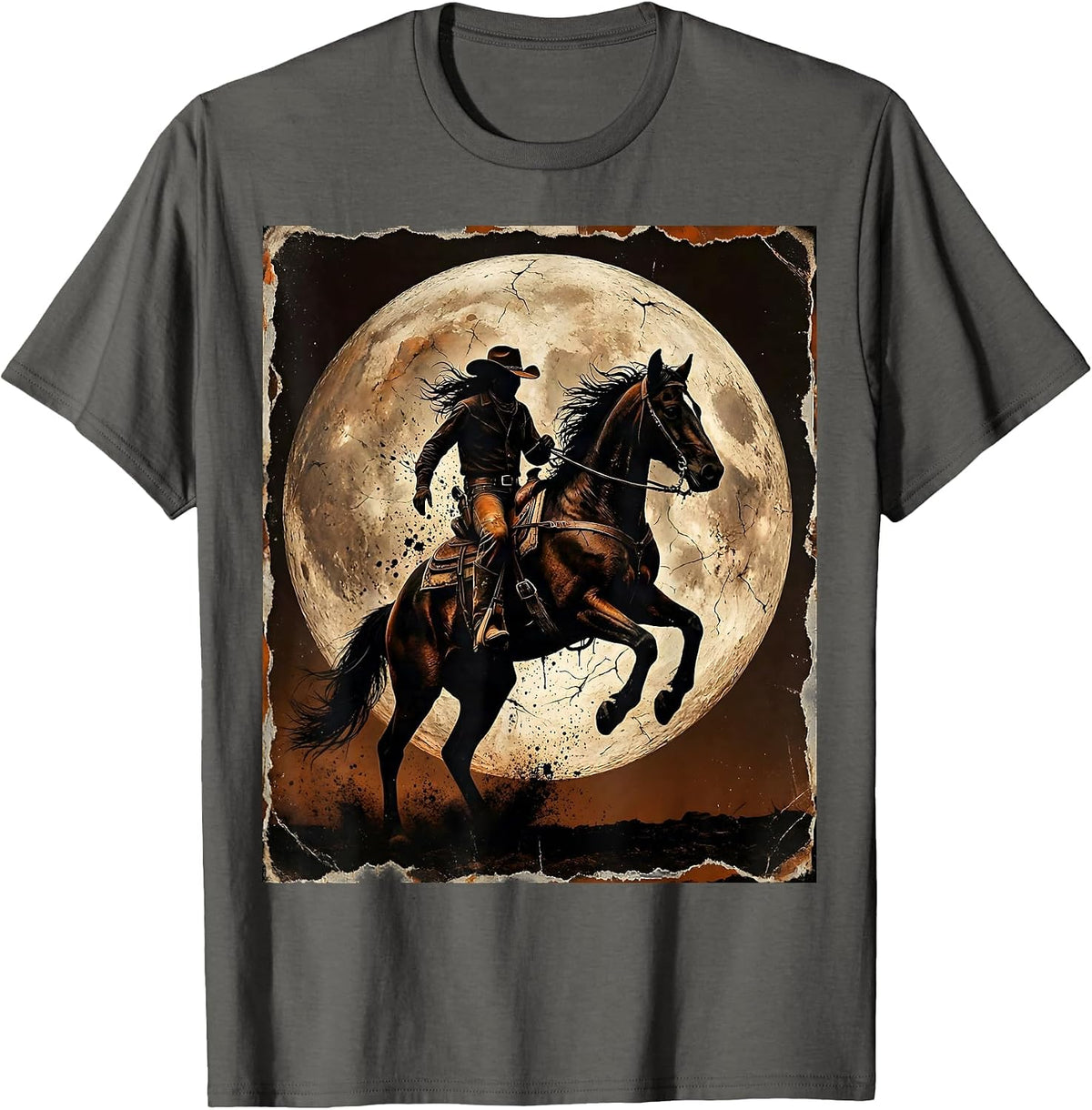Men's White Cowgirl Rearing Horse Full Moon Graphic T-Shirt - Asphalt Grey
