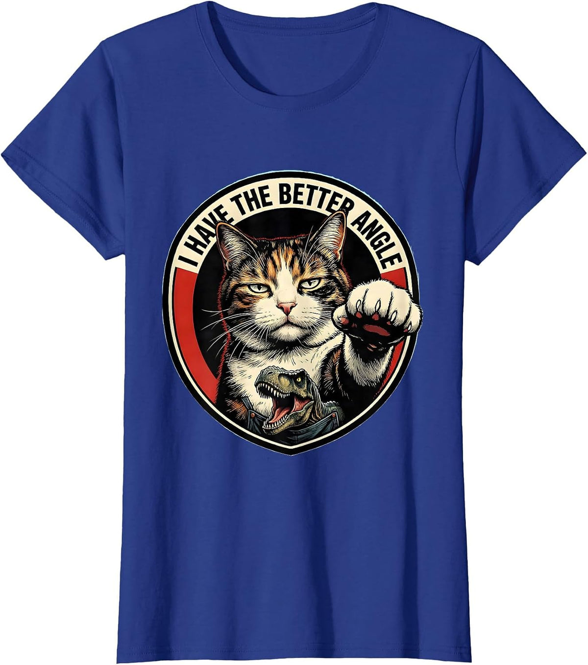 Women's I Have The Better Angle Comic Book Cat Selfie With T-Rex T-Shirt - Royal Blue