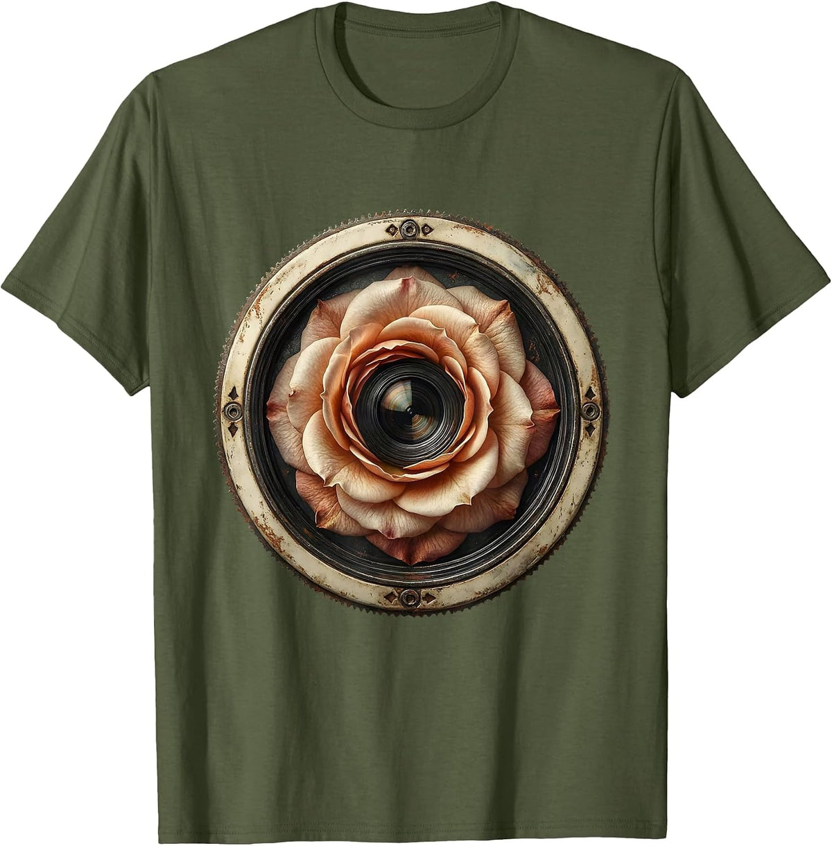 Camera Shutter Flower Bloom Photography Art T-Shirt - Olive Green