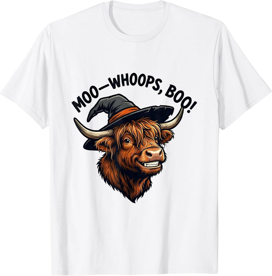 Men's Moo—Whoops, Boo! Whimsical Highland Cow Halloween Humor T-Shirt - White