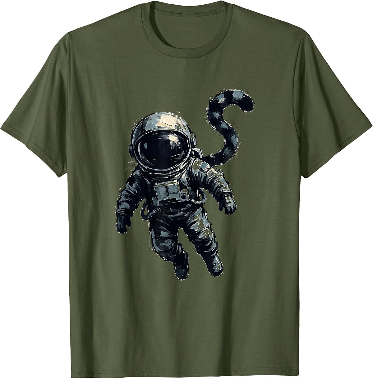Men's Cat Astronaut Floating in Deep Space Graphic T-Shirt - Olive Green