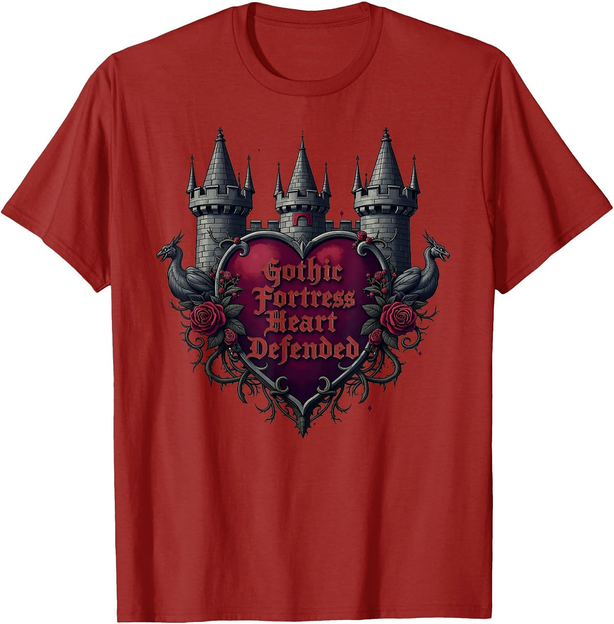 Gothic Fortress Heart Defended Dark Romance T-Shirt - Cranberry Red