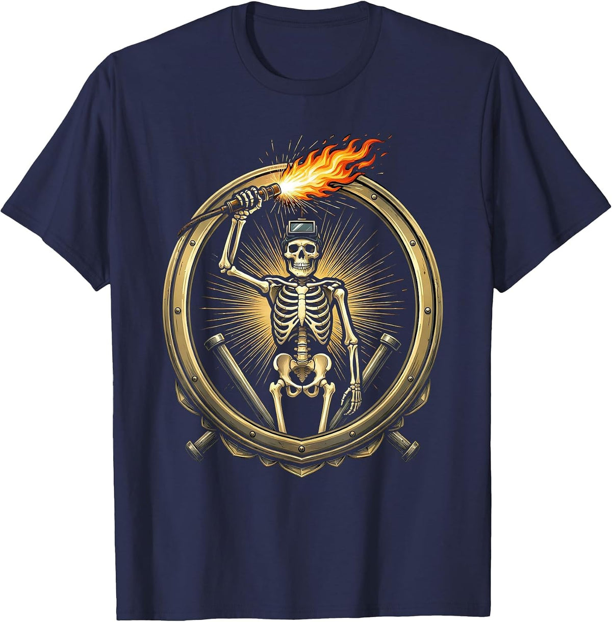 Men's Skeletal Welder Torch Scepter Dark Art Design T-Shirt - Navy Blue