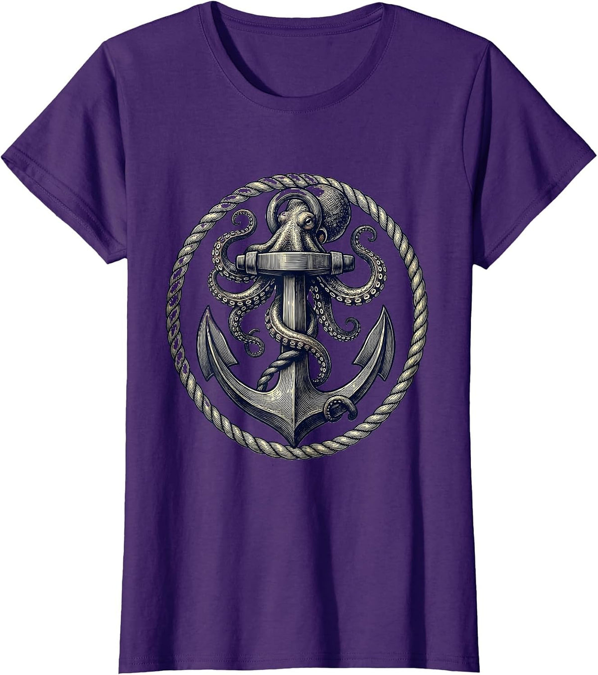 Women's Octopus Tentacles Wrapped Around Anchor Sailor T-Shirt - Purple
