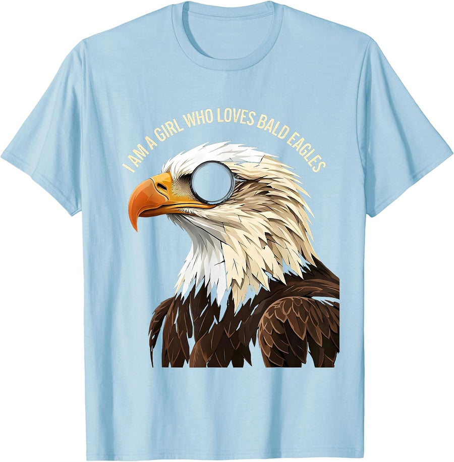 Men's I Am A Girl Who Loves Bald Eagles Funny Bird Lover Linocut T-Shirt - Baby Blue