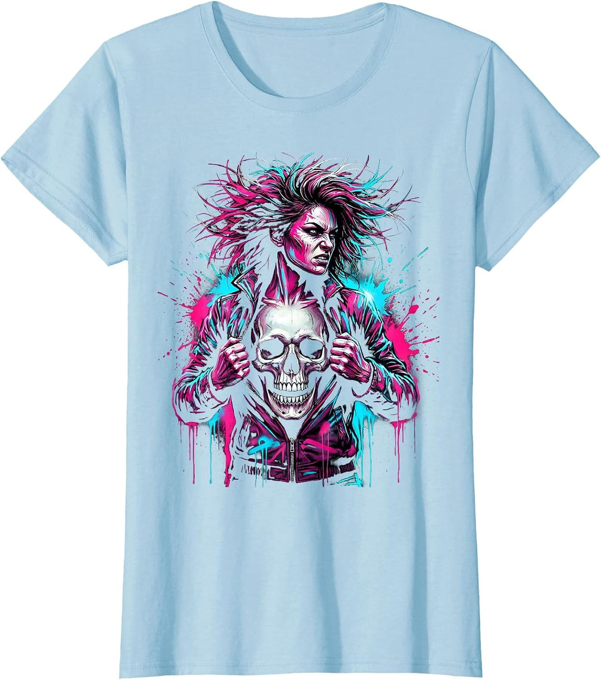Women's Fierce Skull Reveal Rock Graphic Tee T-Shirt - Baby Blue