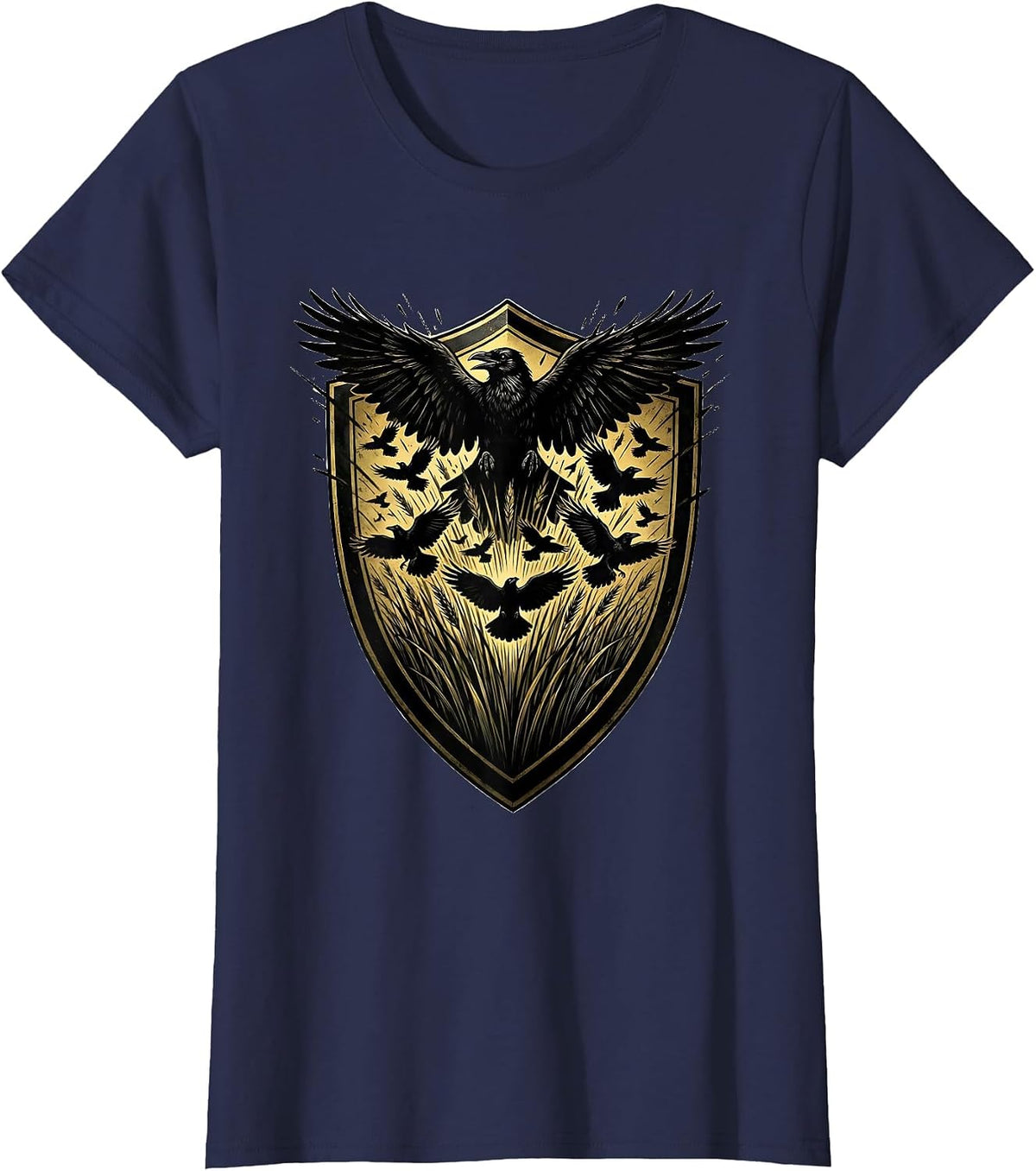 Women's Crows Bursting From Tall Grass Illustration T-Shirt - Navy Blue