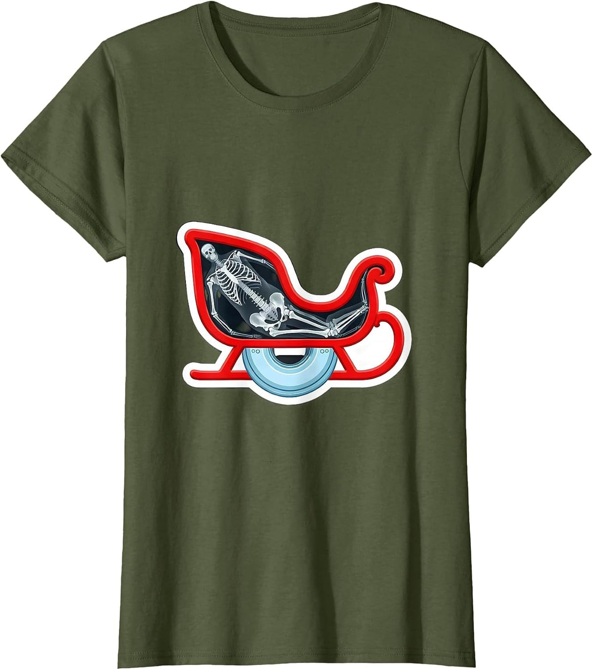 Women's Christmas Sleigh Skeletal Radiology Tech Humor T-Shirt - Olive Green