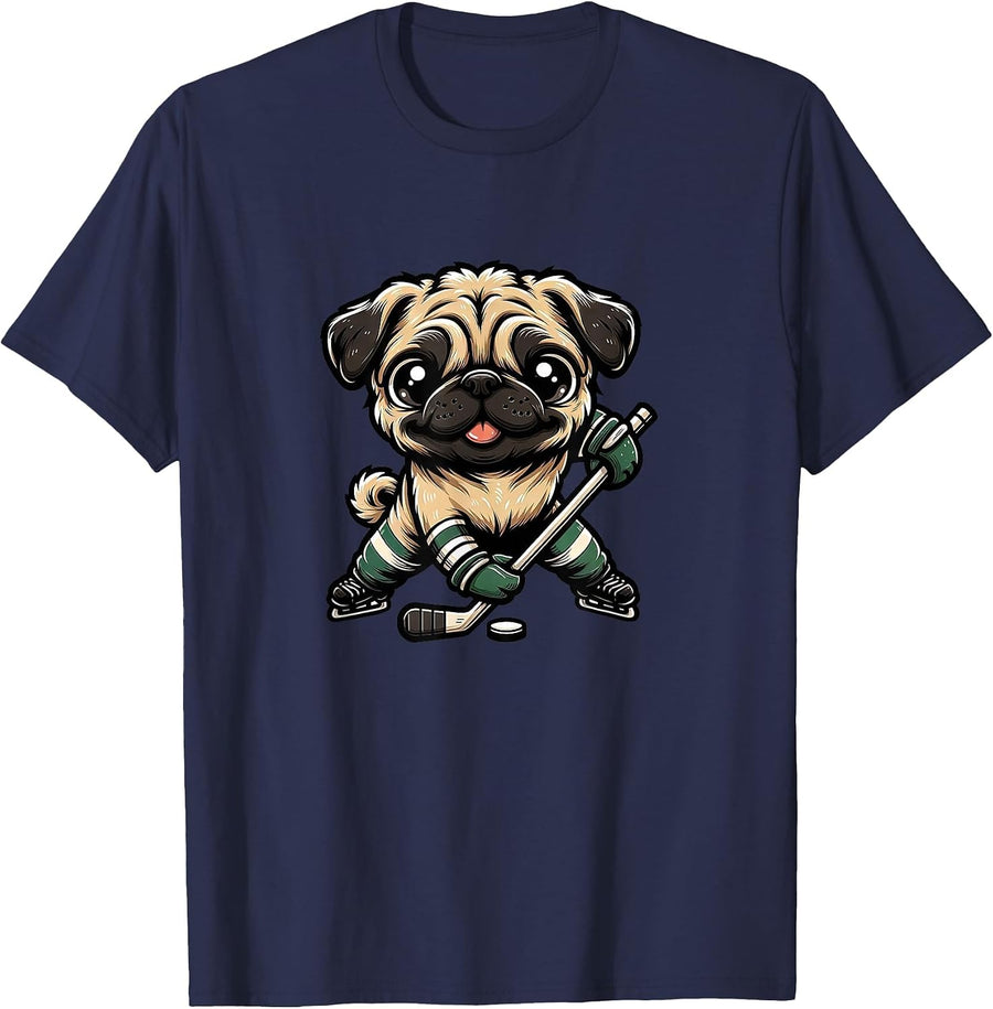 Cute Pug Playing Ice Hockey Dog Design T-Shirt - Navy Blue