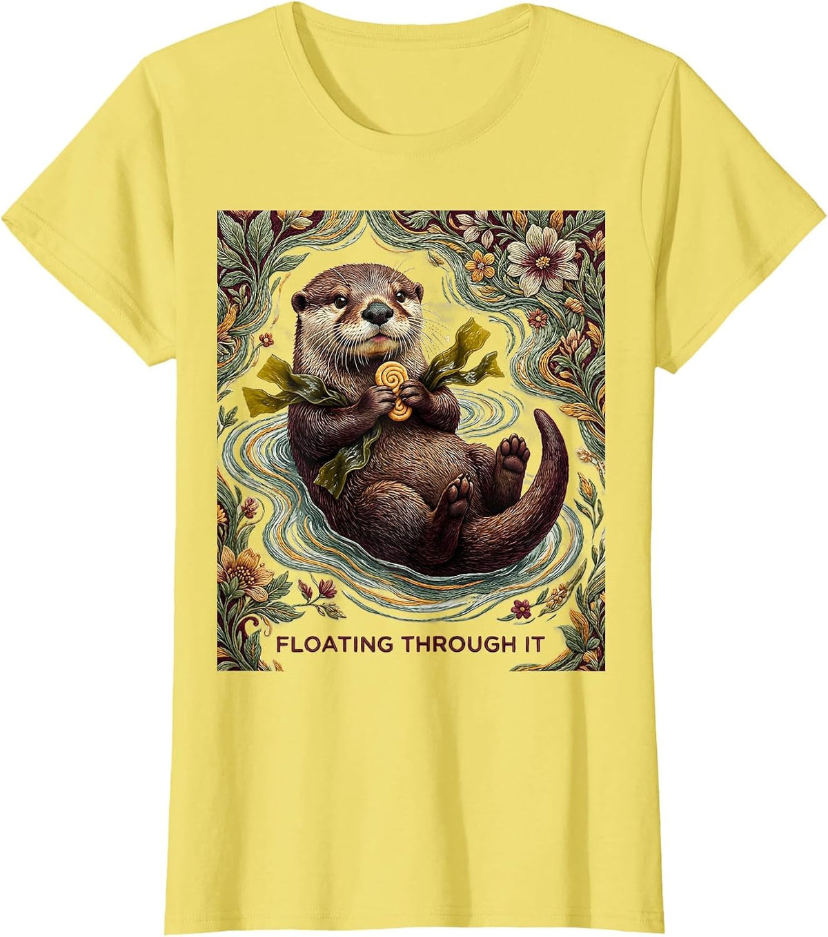 Floating Through It Sea Otter Lover Humor Tapestry T-Shirt - Lemon Yellow