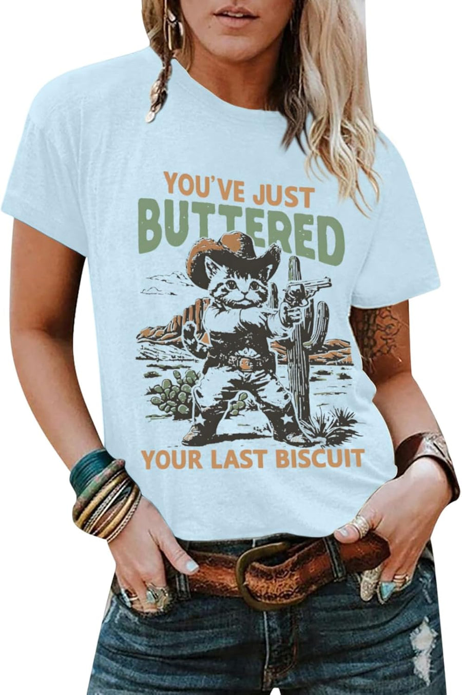 Western Cat Shirts for Women Funny Vintage Cowgirl Shirt Rodeo Cowboy Graphic Tees Country Concert Short Sleeve Tops - Light