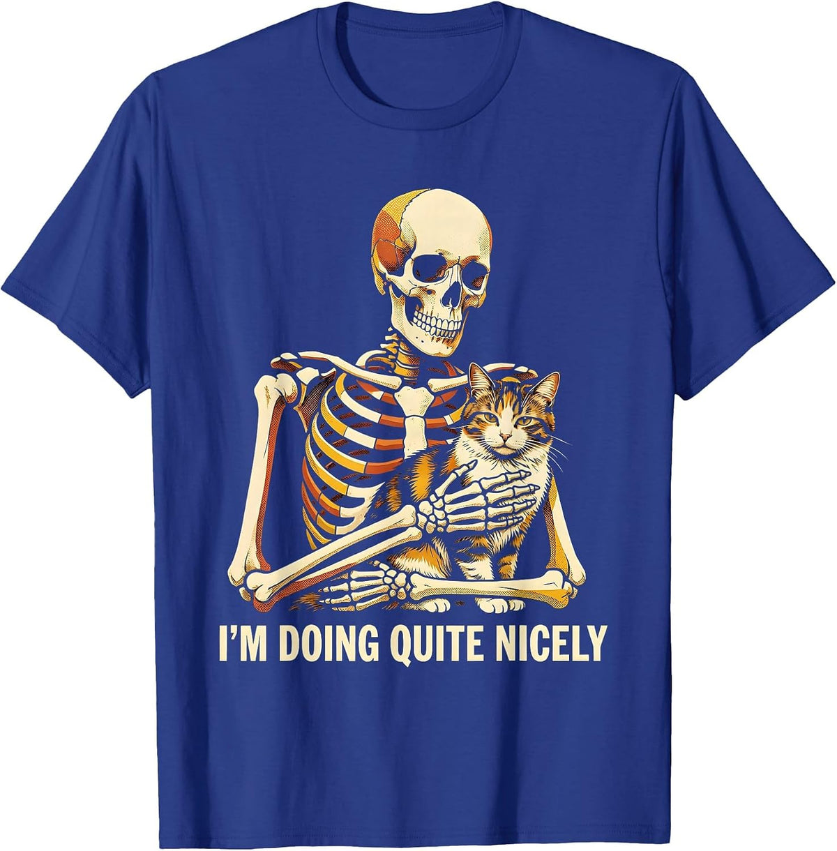 Men's I'm Doing Quite Nicely Risograph Skeleton Hugging Cat T-Shirt - Royal Blue