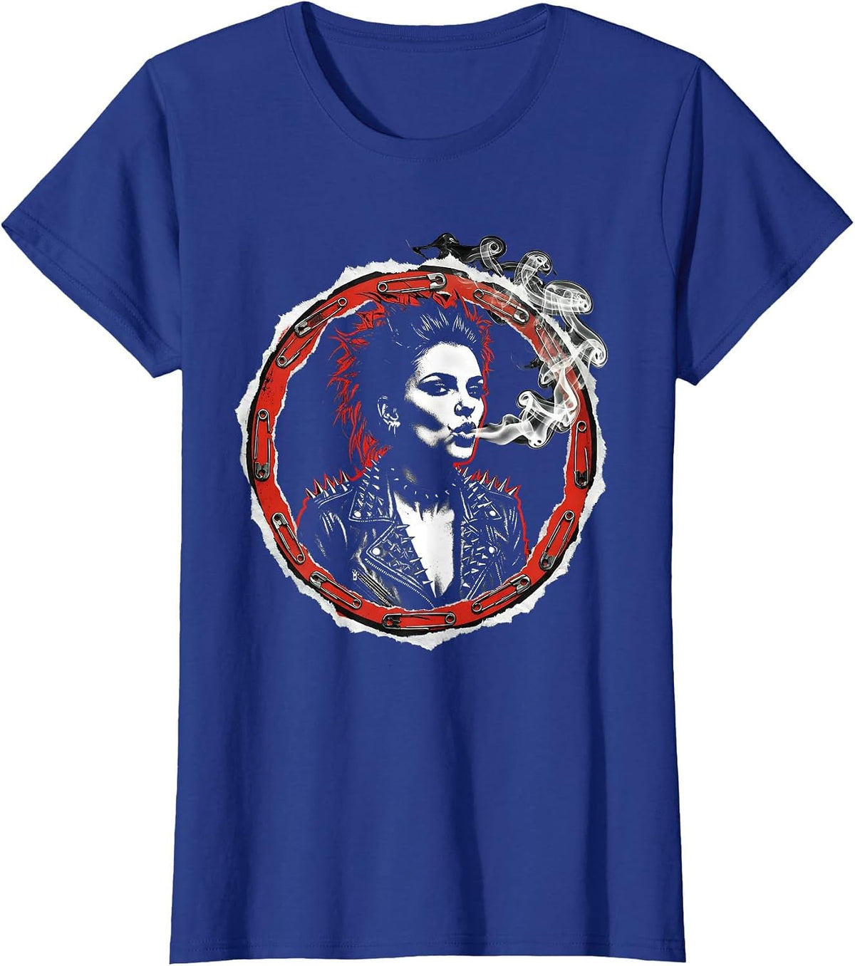 Women's Grunge Woman Blowing Smoke Ring Leather Jacket T-Shirt - Royal Blue