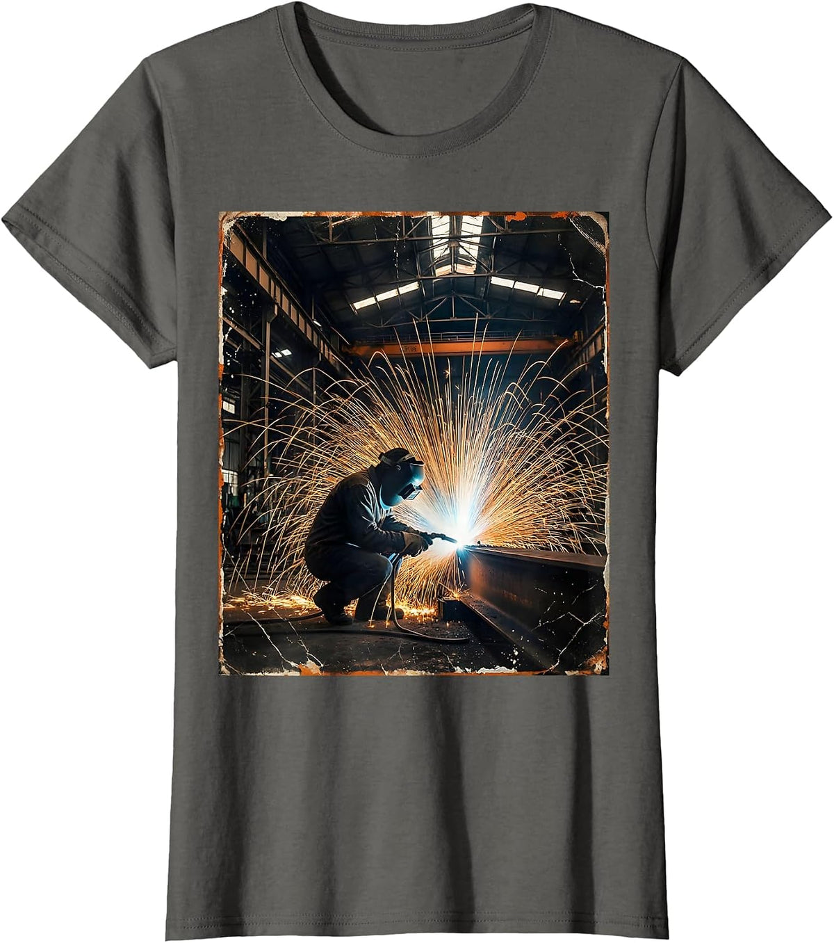 Women's Arc Flash Welder Dark Industrial Warehouse Scene T-Shirt - Asphalt Grey