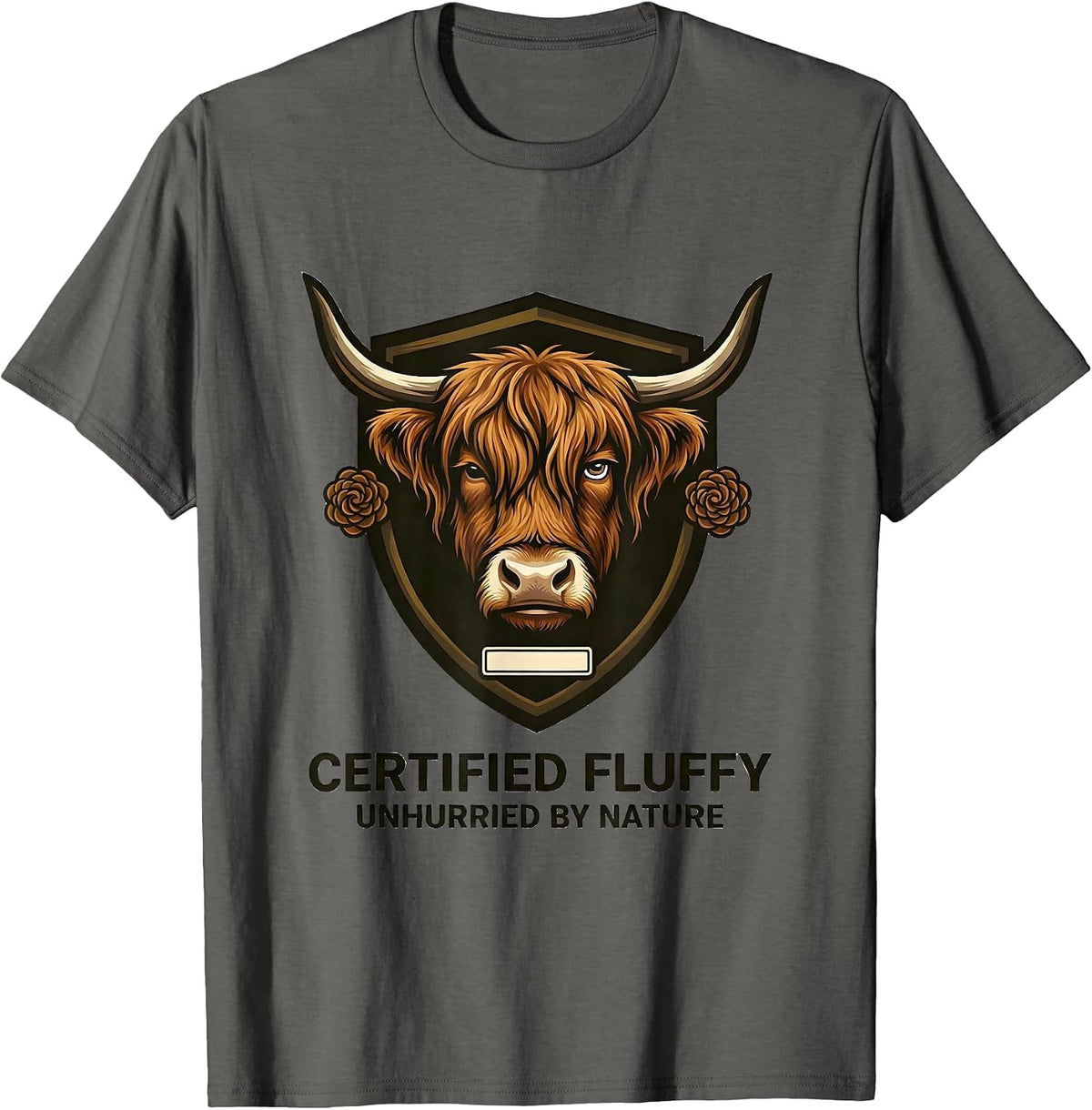 Certified Fluffy, Unhurried By Nature Cute Highland Cow T-Shirt - Asphalt Grey