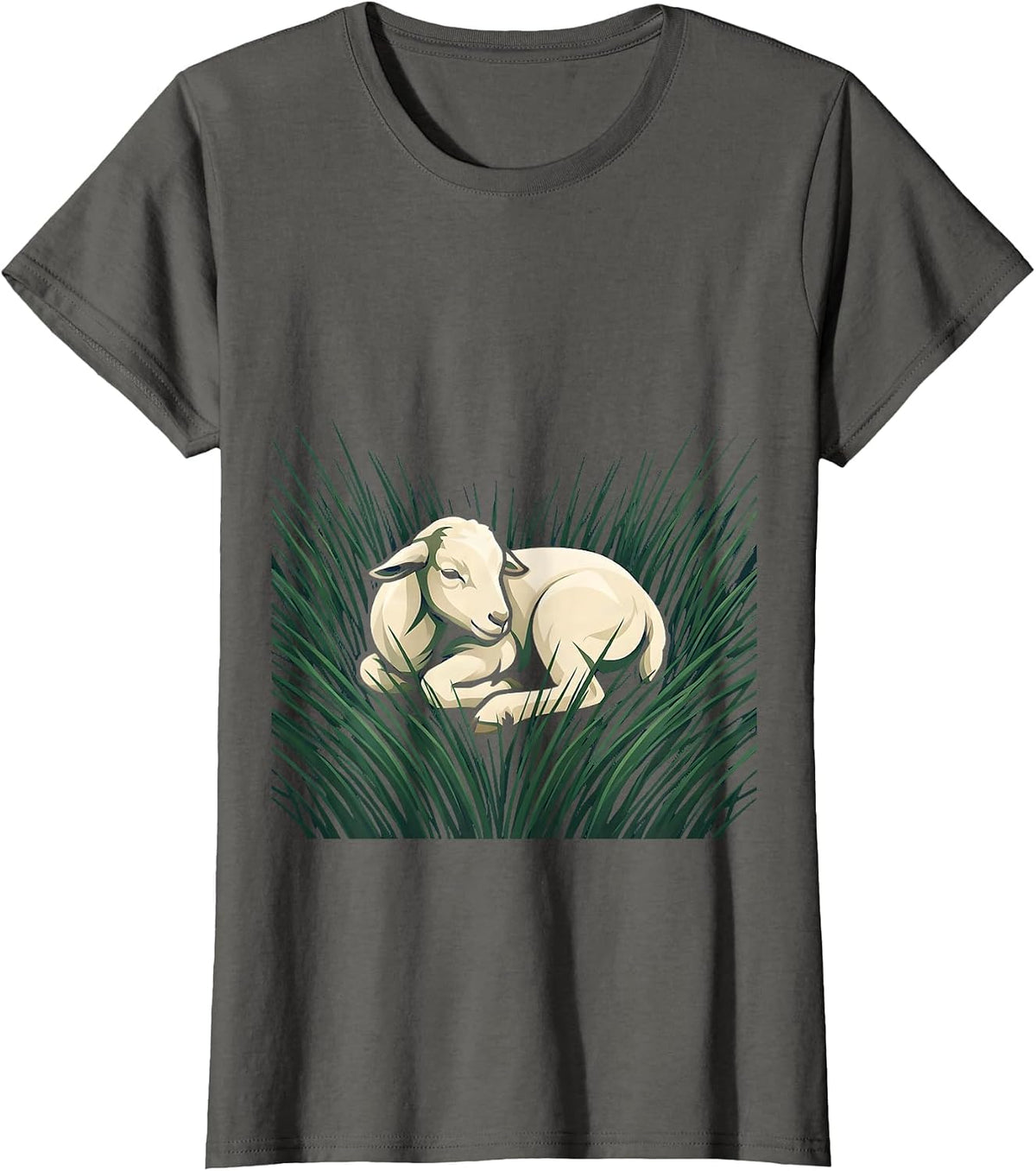 Women's Baby Goat Curled Up In Grass Illustration T-Shirt - Asphalt Grey