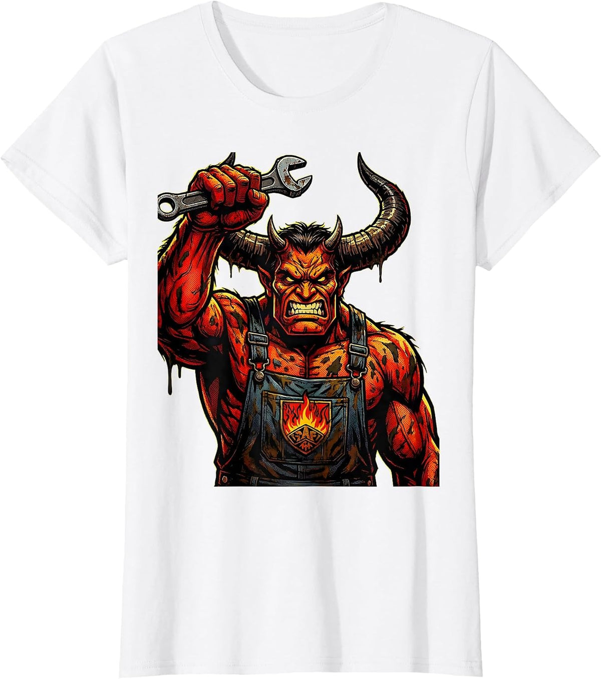 Horned Demon Mechanic Wrench Raised Graphic T-Shirt - White