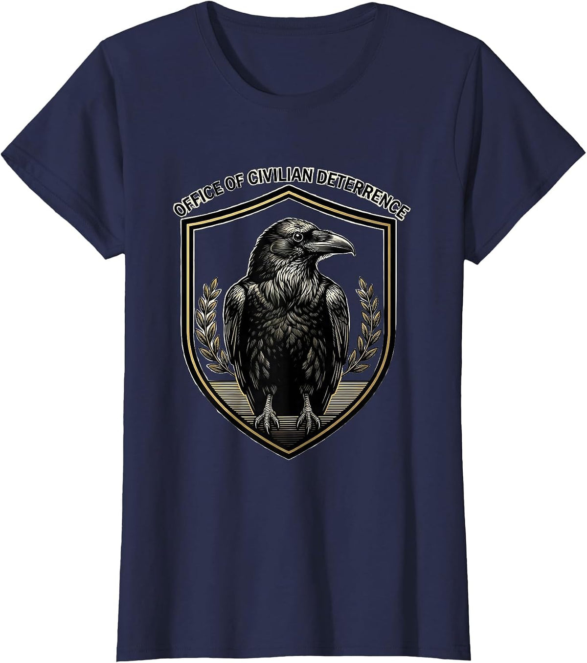 Women's OFFICE OF CIVILIAN DETERRENCE Funny Crow Dark Humor Gothic T-Shirt - Navy Blue