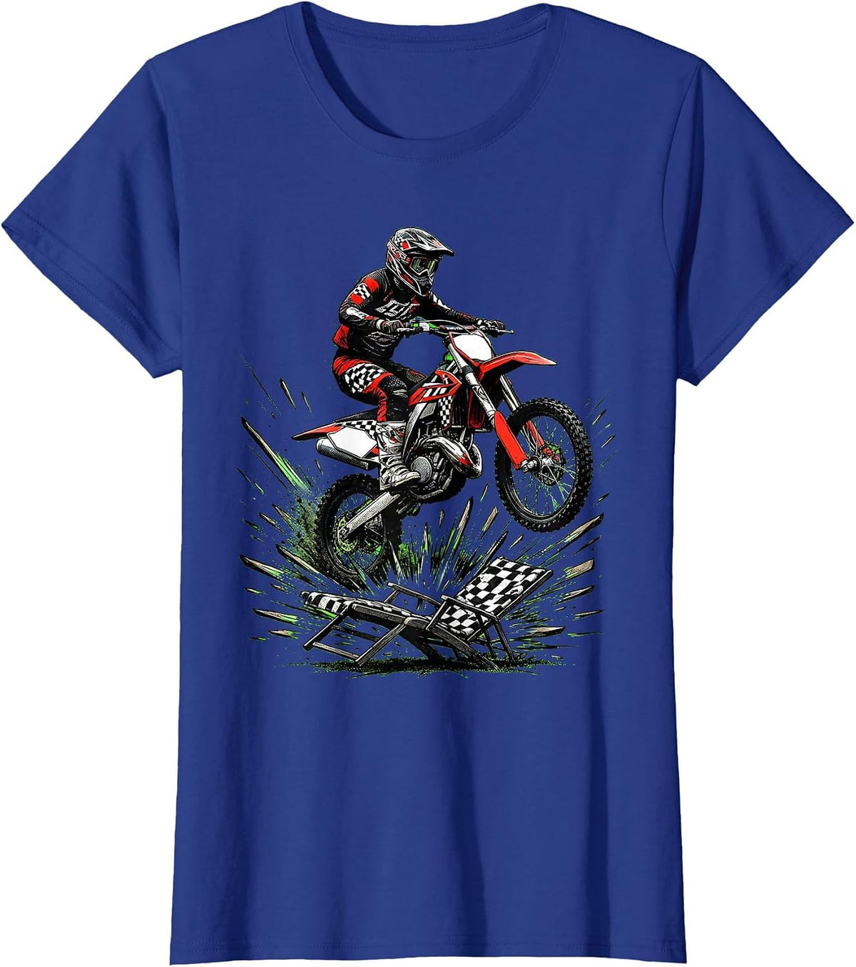 Women's Motocross Rider Helmeted Bike Over Lounge Chair Humor T-Shirt - Royal Blue
