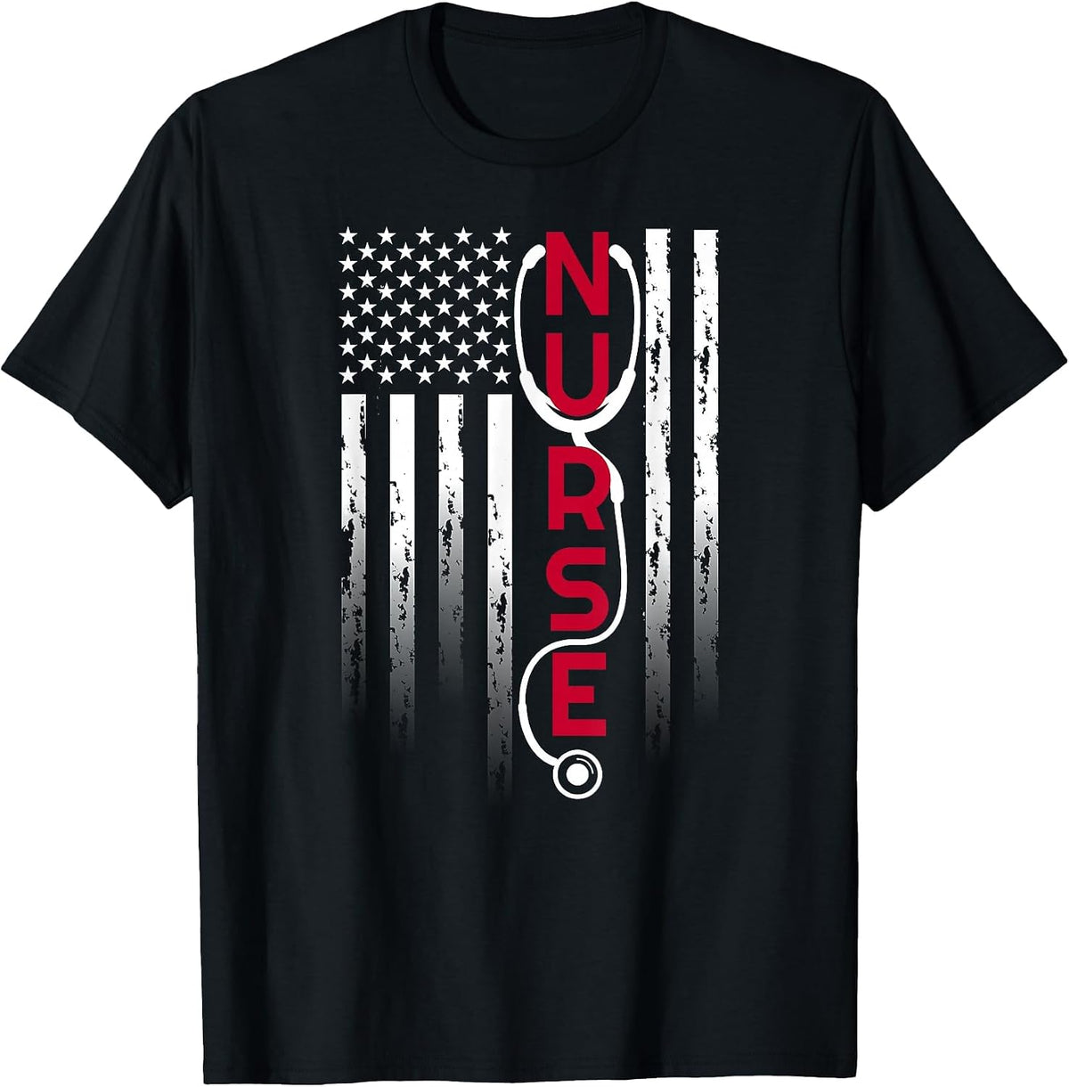 Patriotic Nurse with Flag Stethoscope for RN, LPN T-Shirt - Black