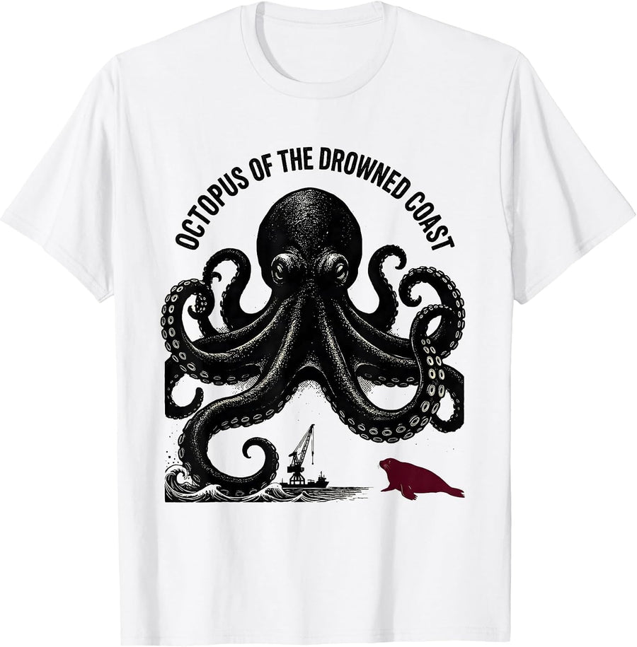Men's Octopus of the Drowned Coast Blackwork Dotwork Ocean Animal T-Shirt - White