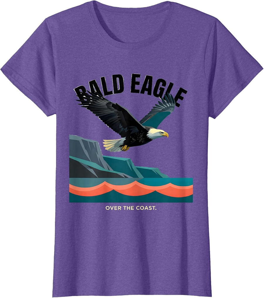 Bald Eagle Over The Coast Flat Vector Nature Wildlife T-Shirt - Purple Heather