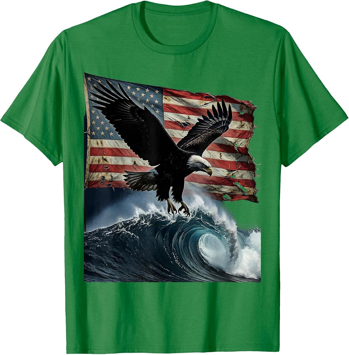 Men's Bald Eagle Diving Ocean Wave USA Freedom T-Shirt - Kelly Green